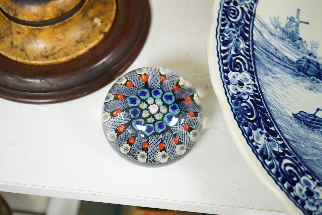 A 19th century Sienna marble urn on stand together with an English glass paperweight and Boch Delfts charger, 39cm